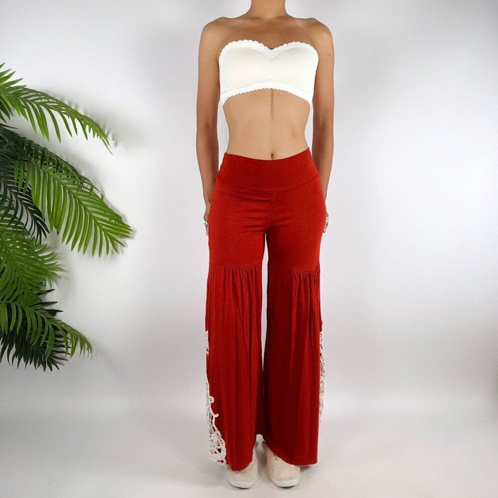 Women's Vintage Red Mid Rise Bohemian Hippie Wide Leg Palazzo Pants / Small